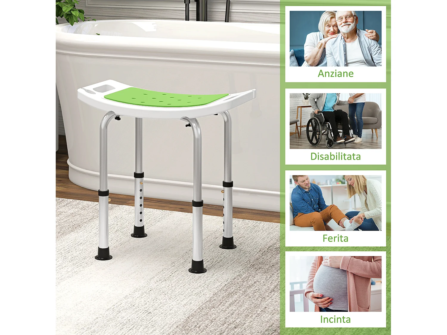 Sgabello da doccia ad altezza regolabile alluminio e plastica verde