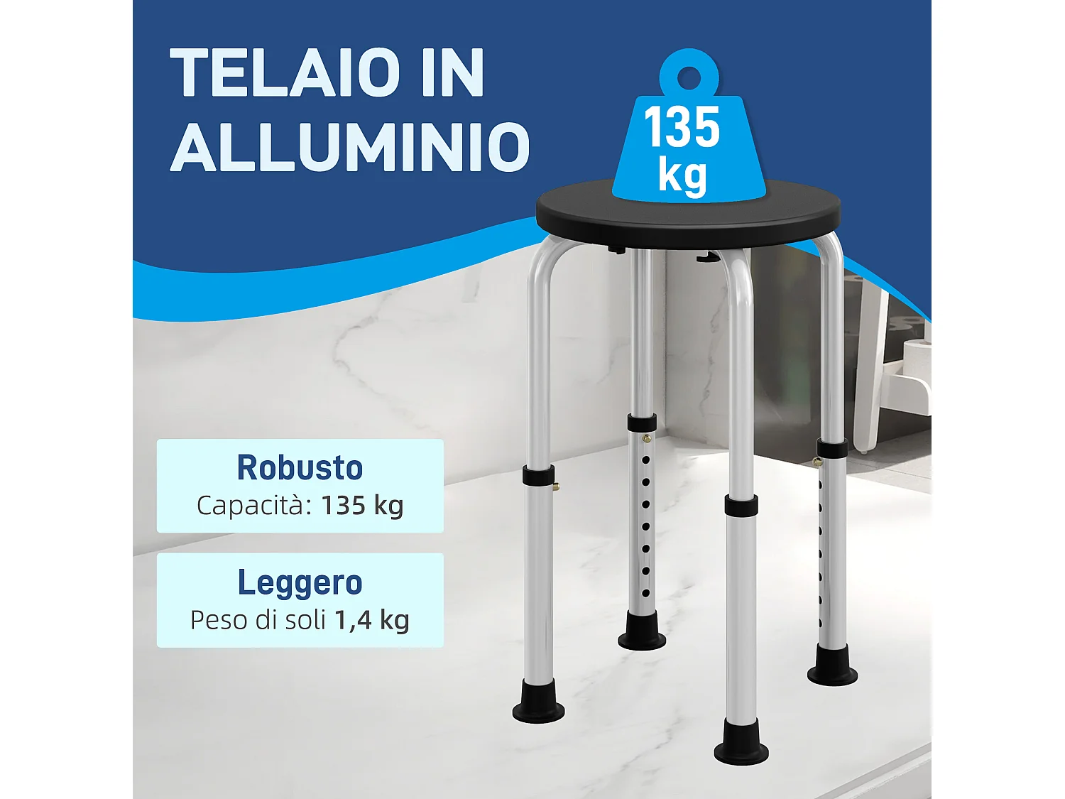 Sgabello da doccia antiscivolo e regolabile su 8 livelli nero