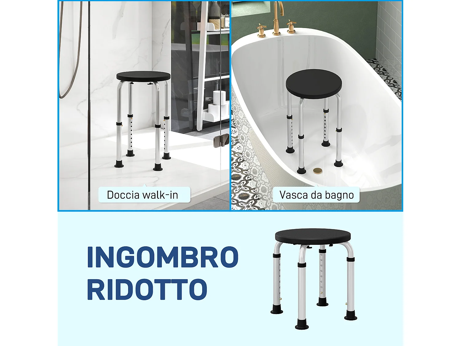 Sgabello da doccia antiscivolo e regolabile su 8 livelli nero