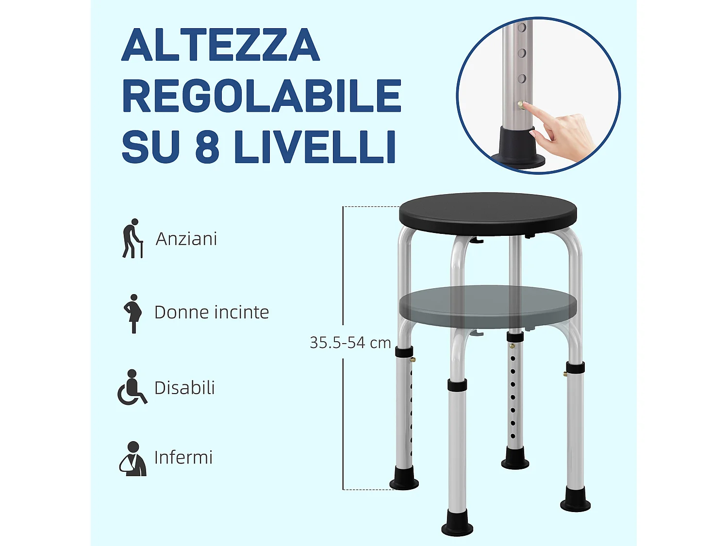 Sgabello da doccia antiscivolo e regolabile su 8 livelli nero