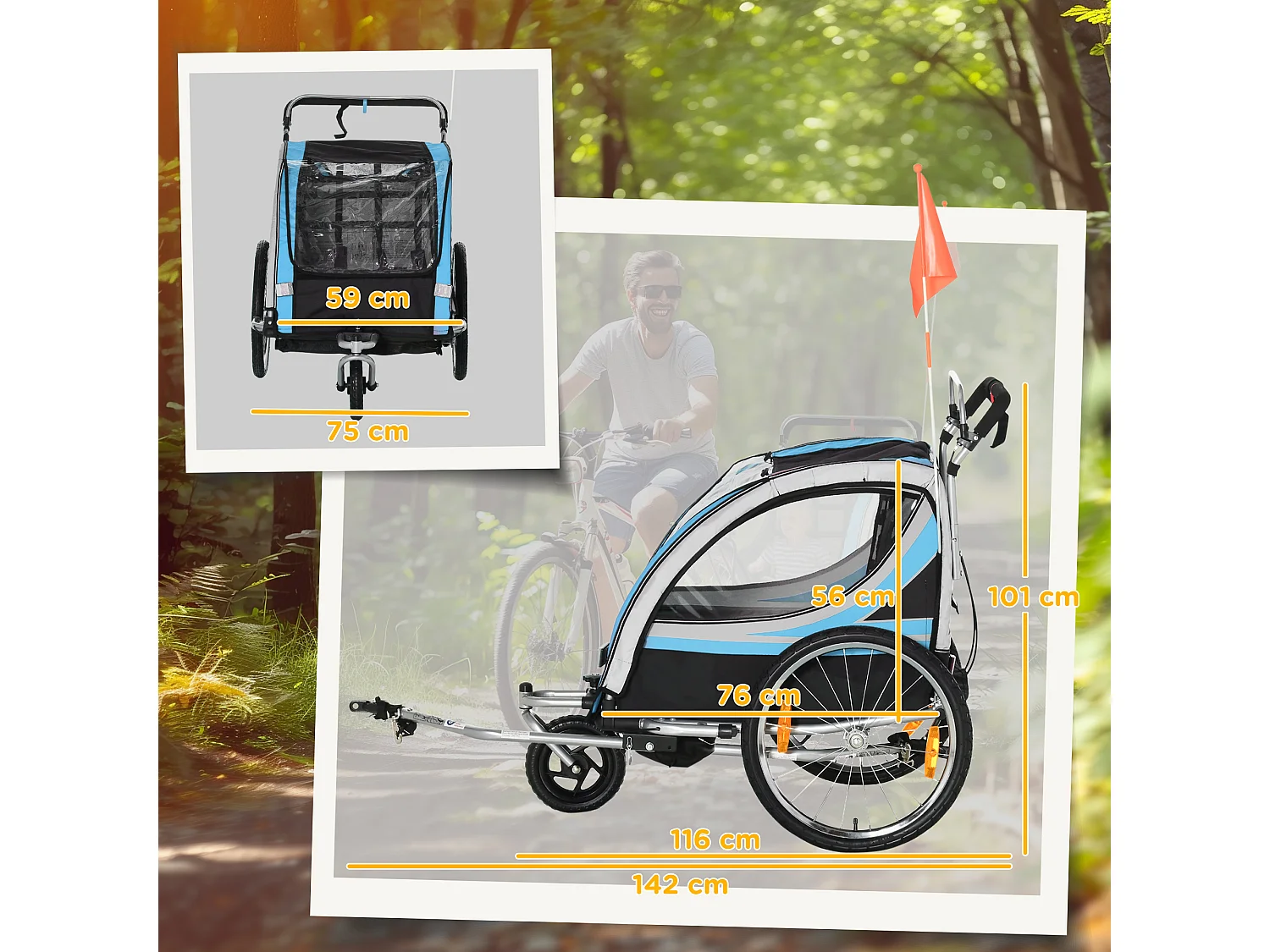 Rimorchio bici e passeggino per bambini 2 in 1 blu