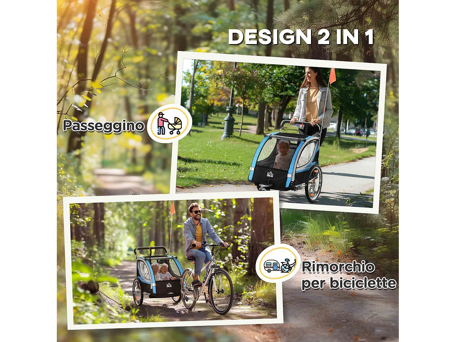 Rimorchio bici e passeggino per bambini 2 in 1 blu