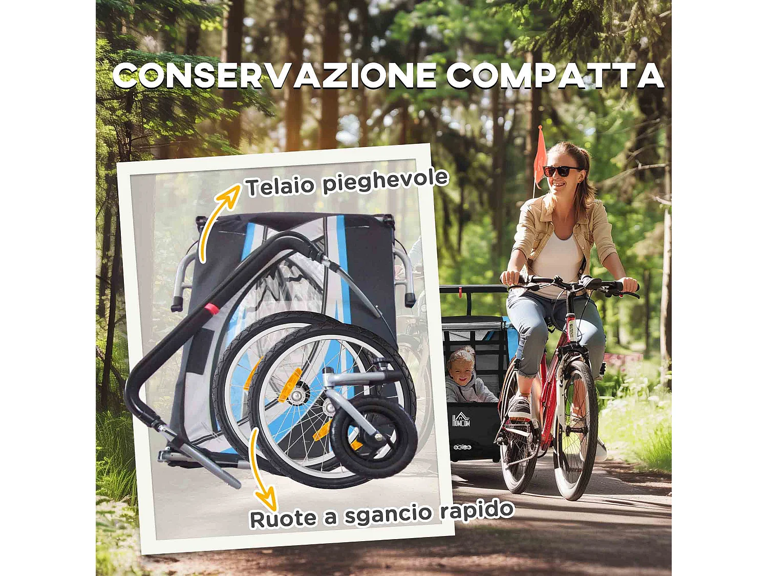 Rimorchio bici e passeggino per bambini 2 in 1 blu