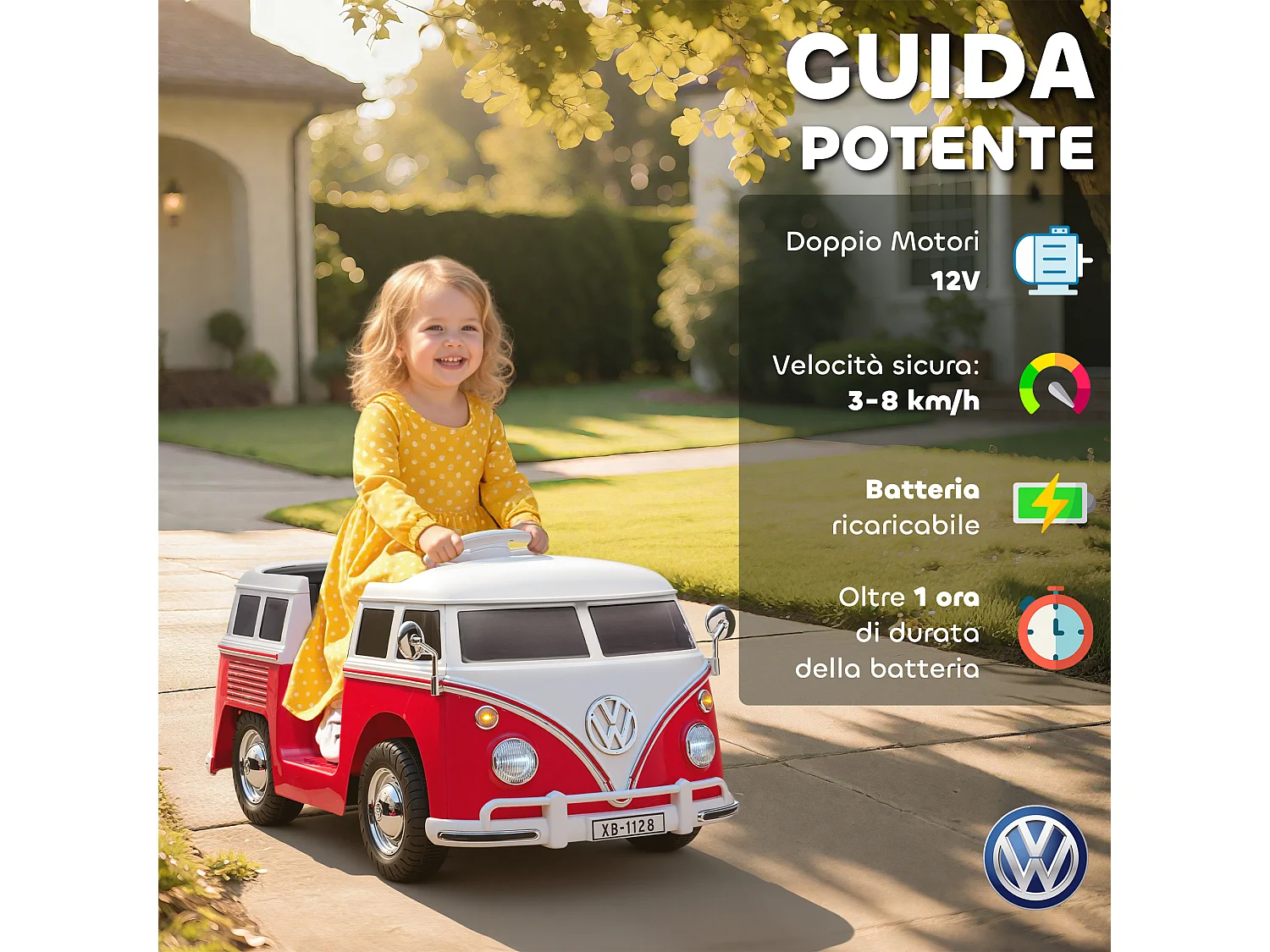Auto elettrica per bambini volkswagen t1 89x49x41.5 cm rosso