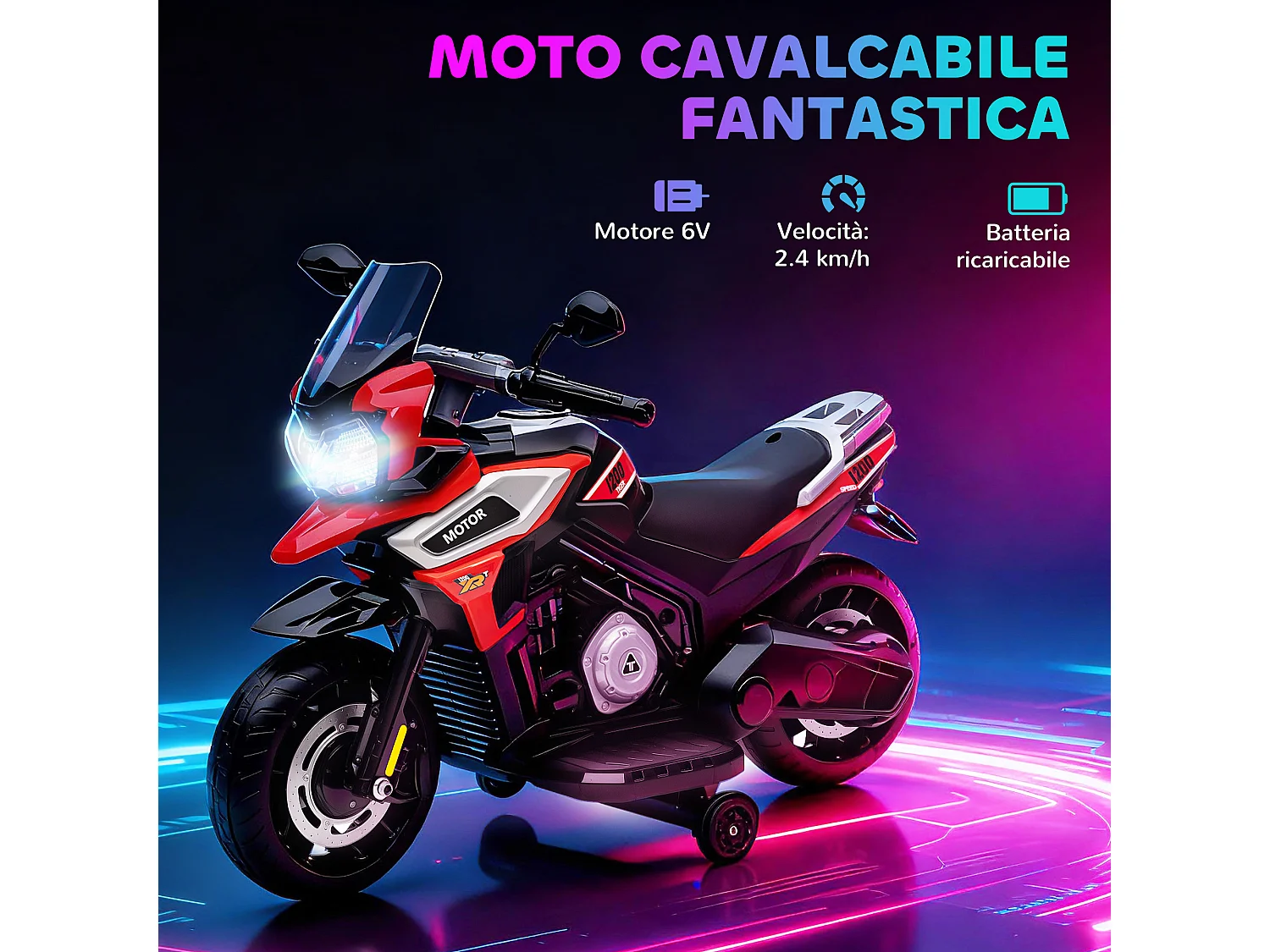 Moto Giocattolo con Rotelle, Specchietti e Poggiapiedi rosso