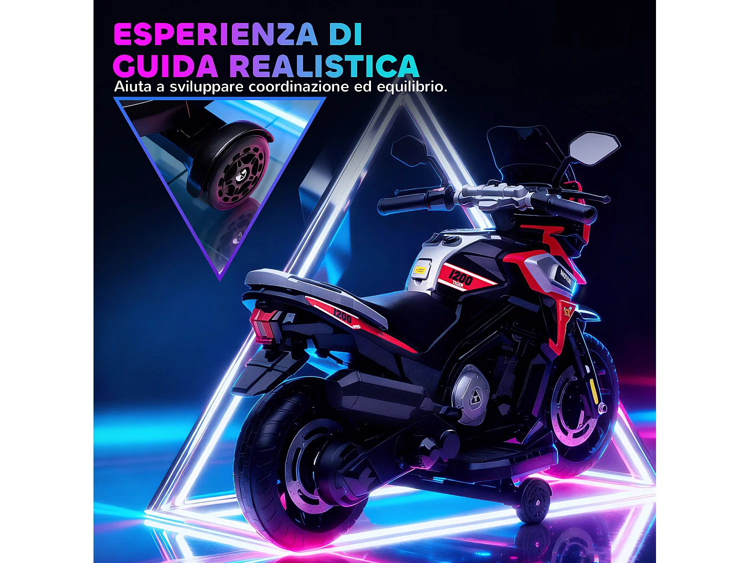 Moto Giocattolo con Rotelle, Specchietti e Poggiapiedi rosso