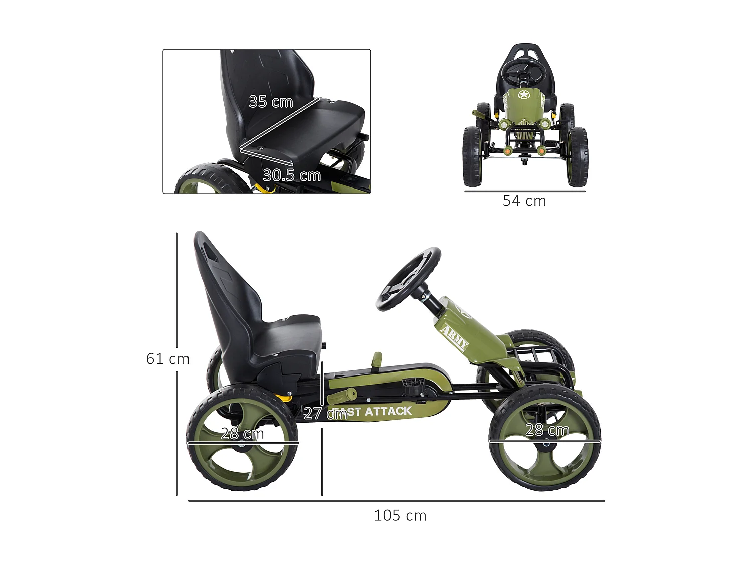 Go kart a pedali per bambini 3-6 con sedile regolabile verde