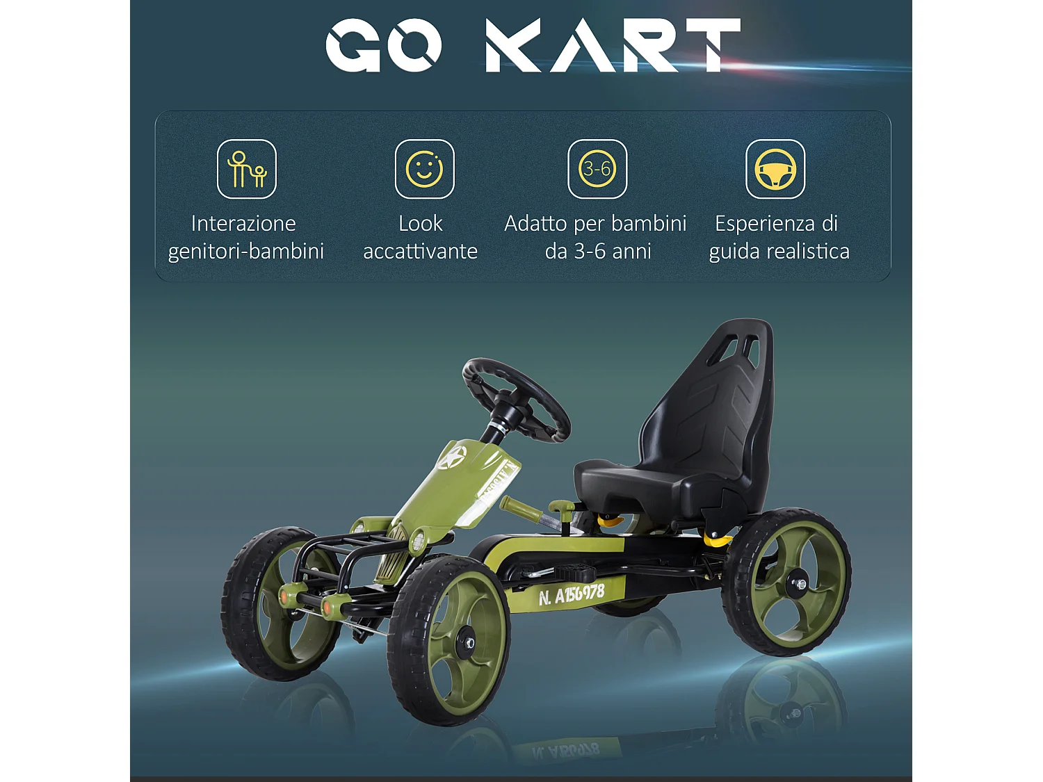 Go kart a pedali per bambini 3-6 con sedile regolabile verde