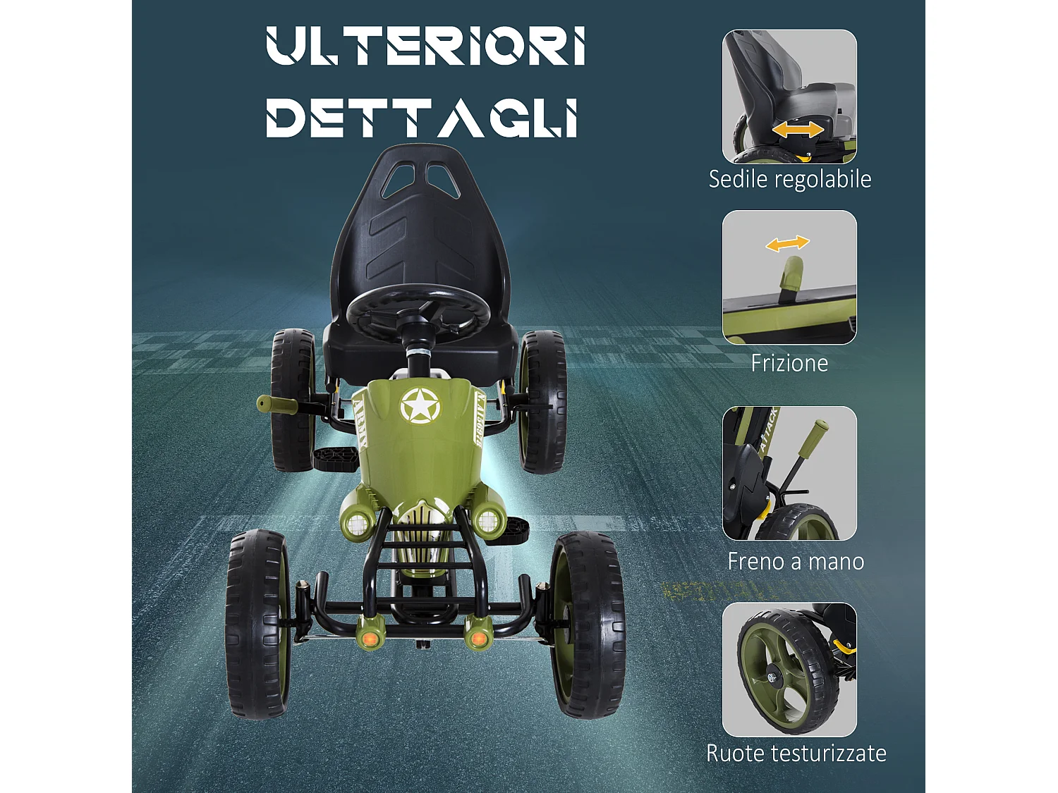 Go kart a pedali per bambini 3-6 con sedile regolabile verde