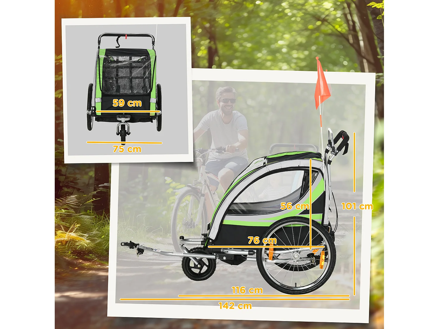 Rimorchio bici e passeggino per bambini 2 in 1 verde