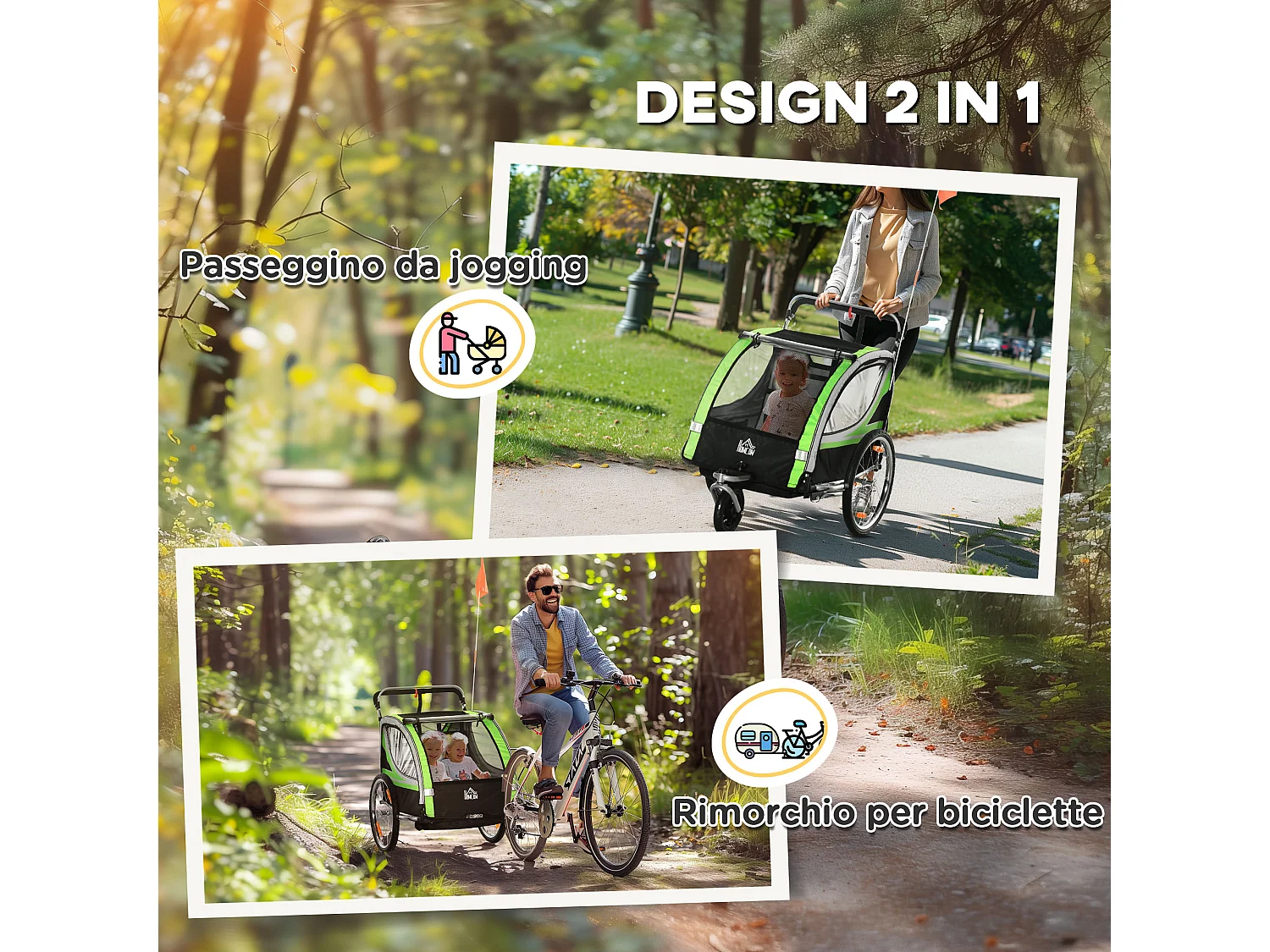 Rimorchio bici e passeggino per bambini 2 in 1 verde