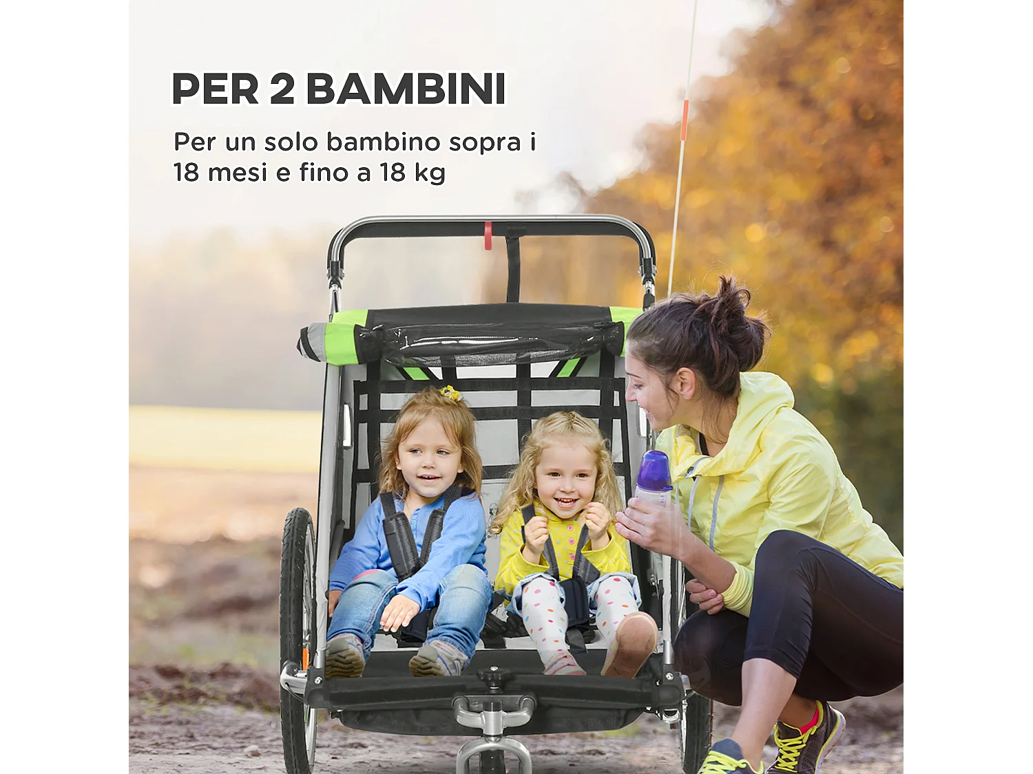 Rimorchio bici e passeggino per bambini 2 in 1 verde
