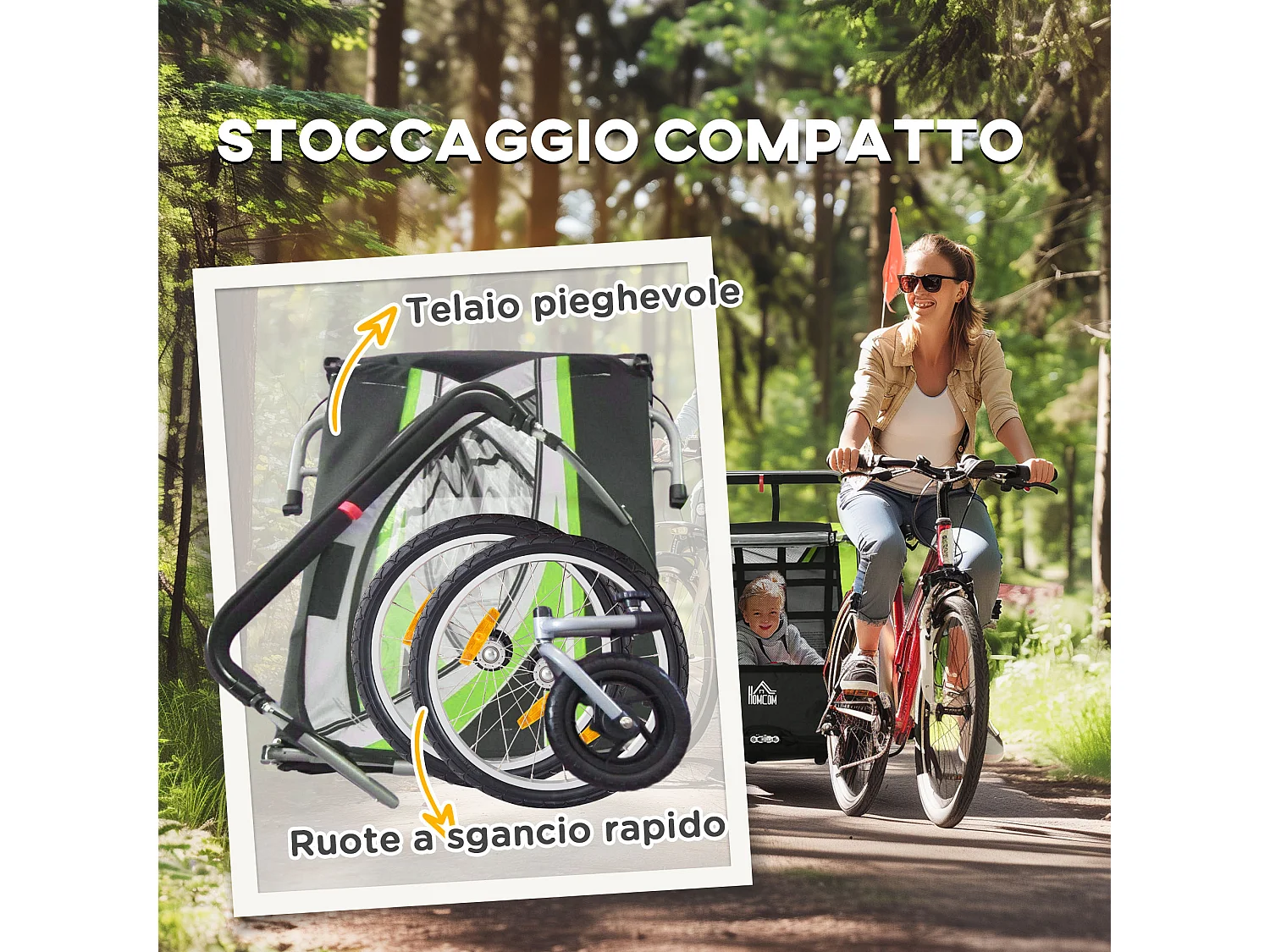 Rimorchio bici e passeggino per bambini 2 in 1 verde