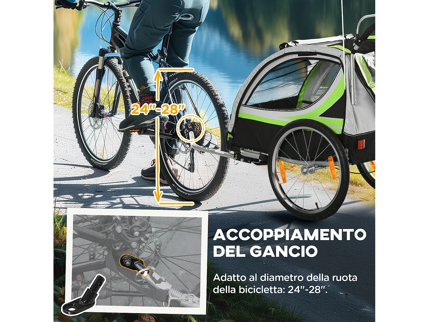 Rimorchio bici e passeggino per bambini 2 in 1 verde