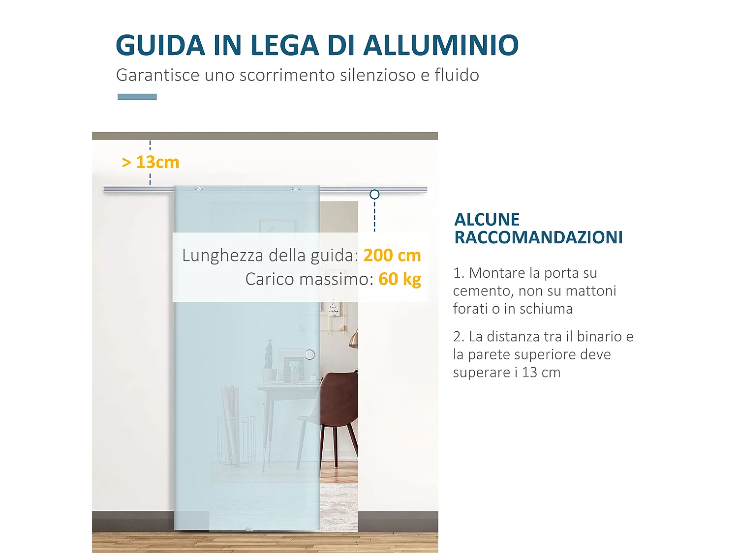 Porta scorrevole vetro satinato binario in alluminio 205x90cm