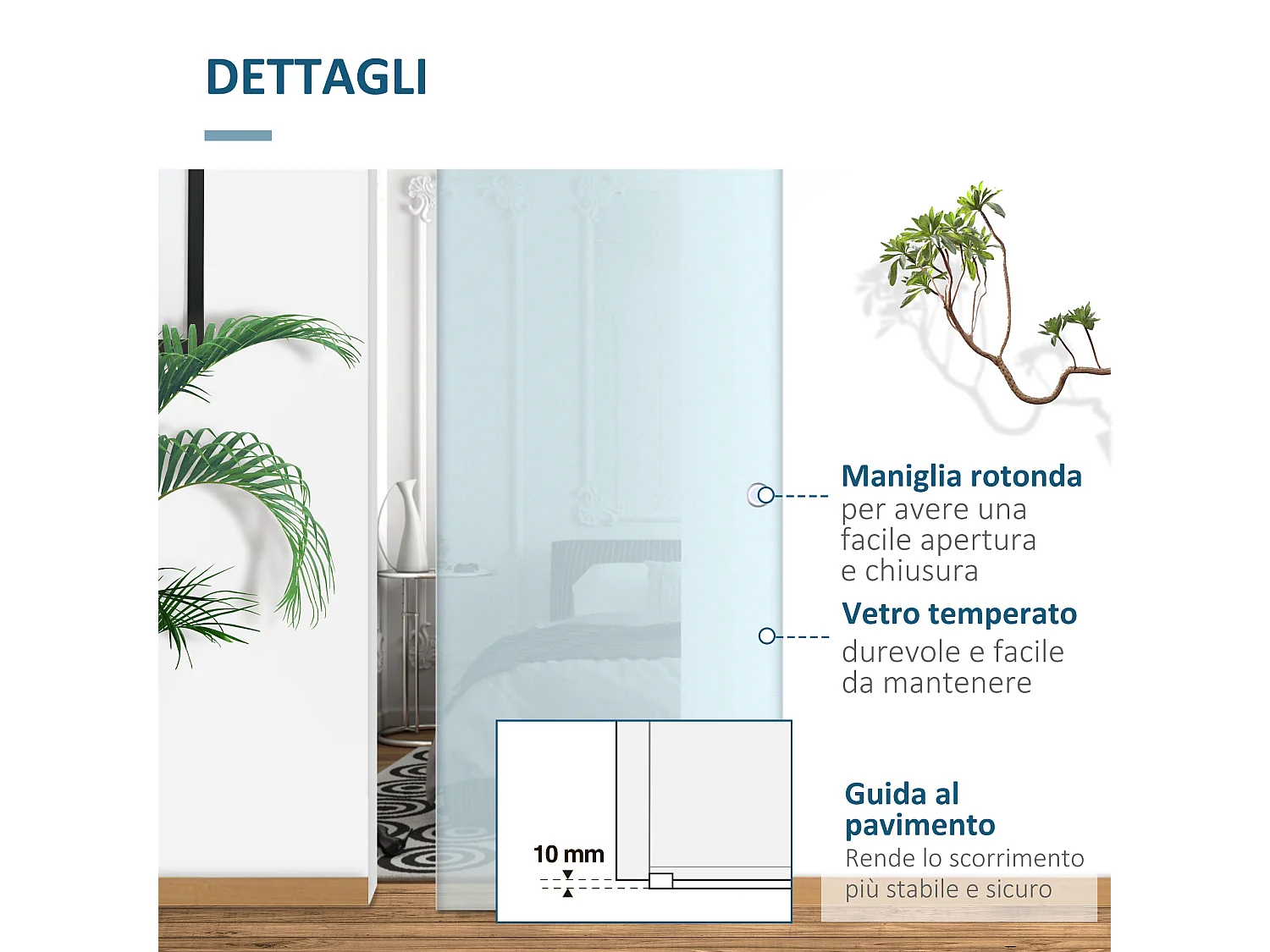 Porta scorrevole vetro satinato binario in alluminio 205x90cm