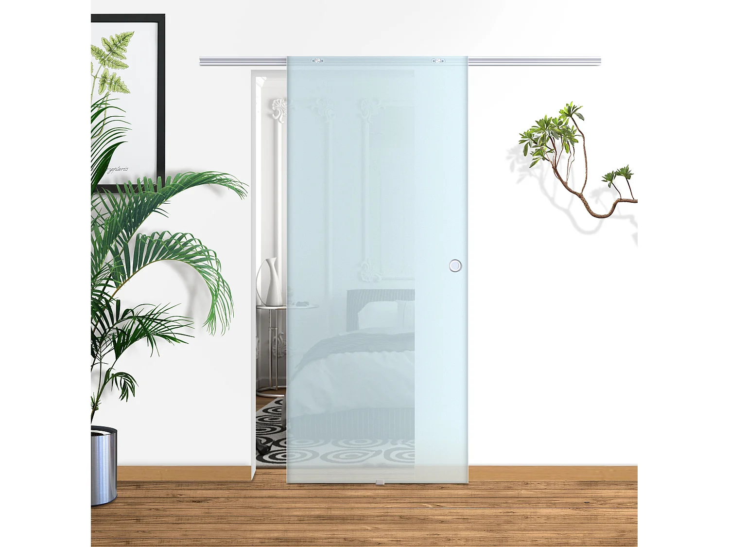 Porta scorrevole vetro satinato binario in alluminio 205x90cm