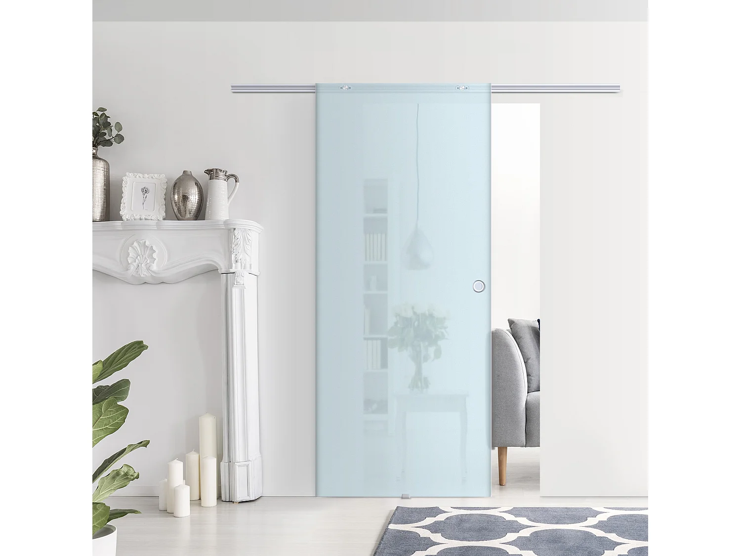 Porta scorrevole vetro satinato binario in alluminio 205x90cm