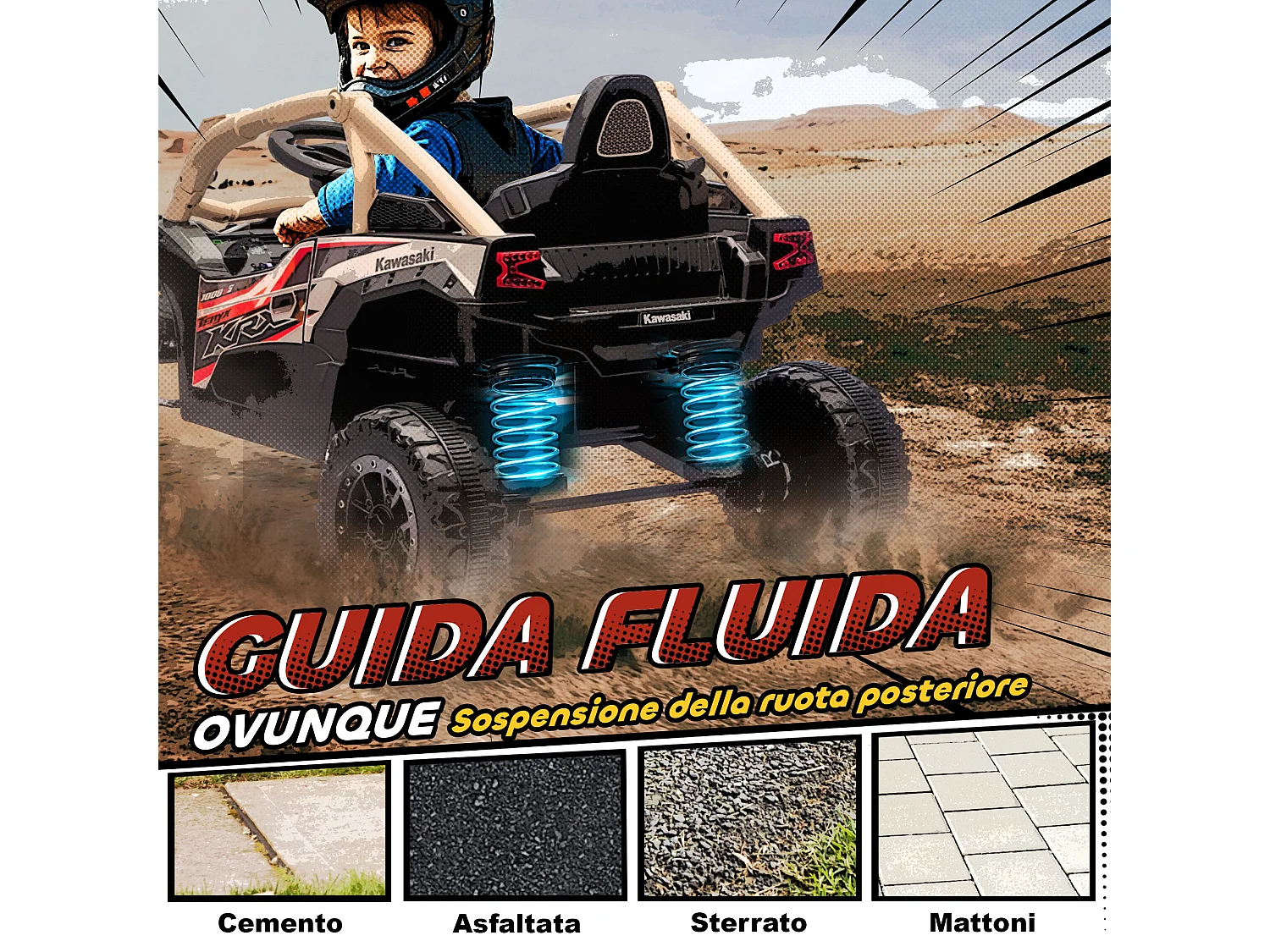 Macchina elettrico per bambini kawasaki con telecomando giallo