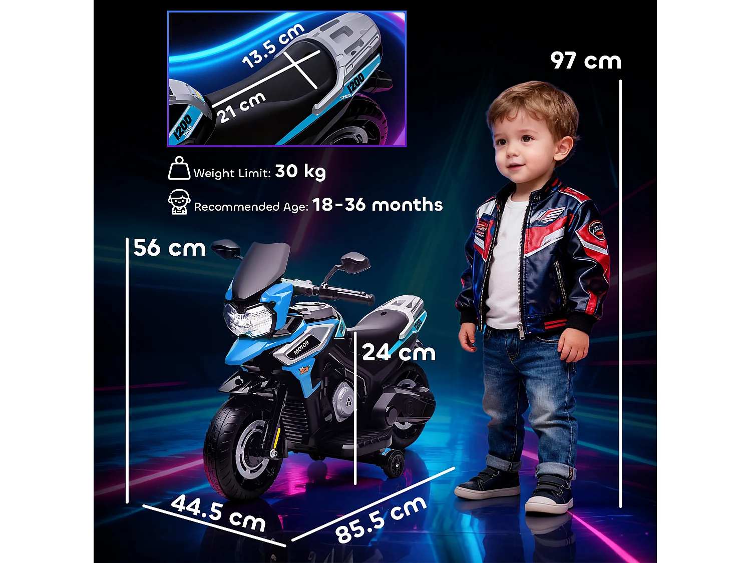 Moto elettrica per bambini con rotelle, specchietti e poggiapiedi blu