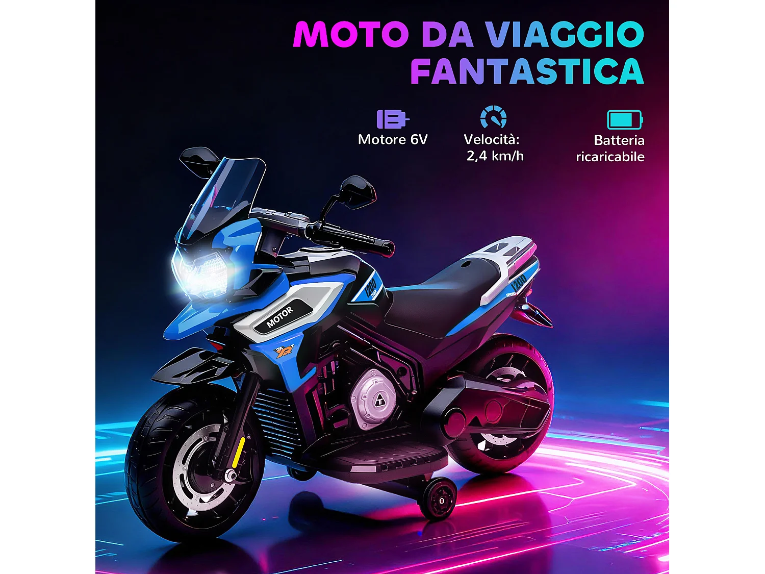 Moto elettrica per bambini con rotelle, specchietti e poggiapiedi blu