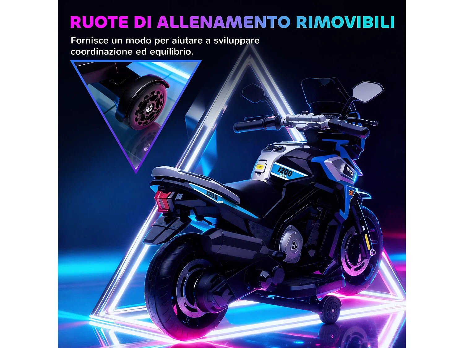Moto elettrica per bambini con rotelle, specchietti e poggiapiedi blu
