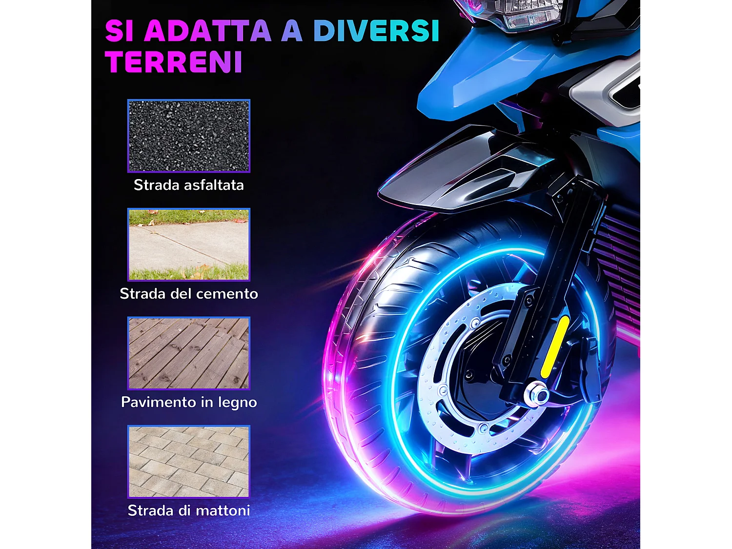 Moto elettrica per bambini con rotelle, specchietti e poggiapiedi blu