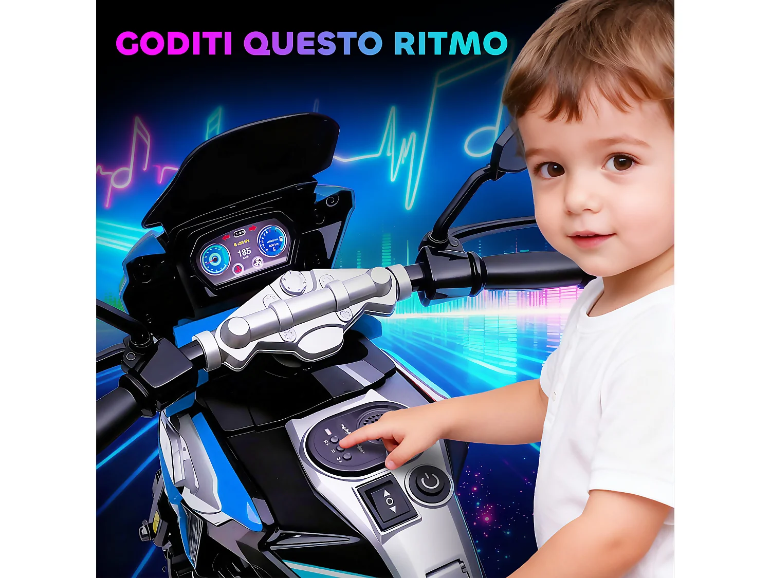 Moto elettrica per bambini con rotelle, specchietti e poggiapiedi blu