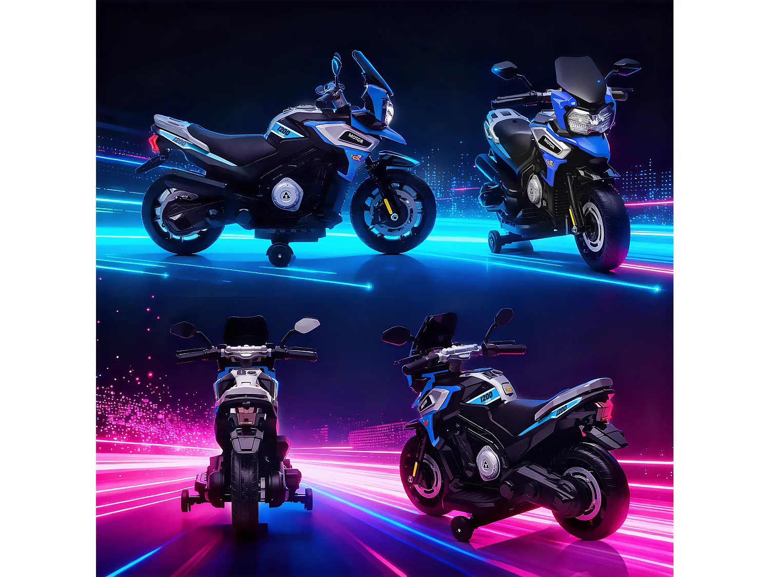 Moto elettrica per bambini con rotelle, specchietti e poggiapiedi blu
