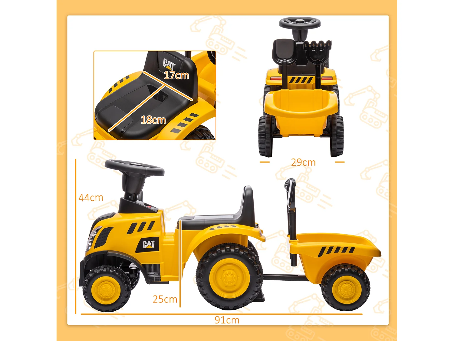 Camion giocattolo per bambini con pala e rimorchio 91x29x44 cm giallo