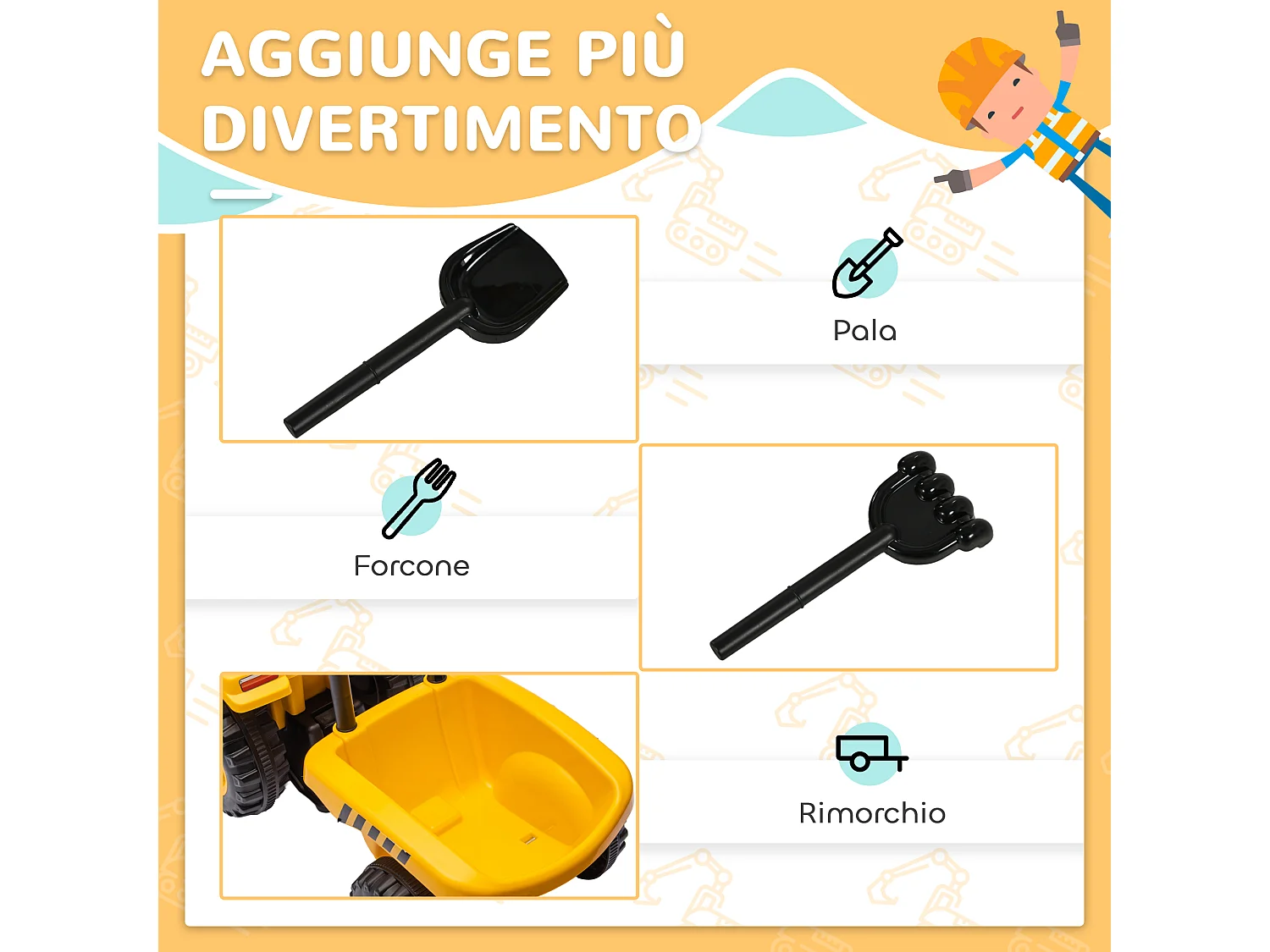 Camion giocattolo per bambini con pala e rimorchio 91x29x44 cm giallo