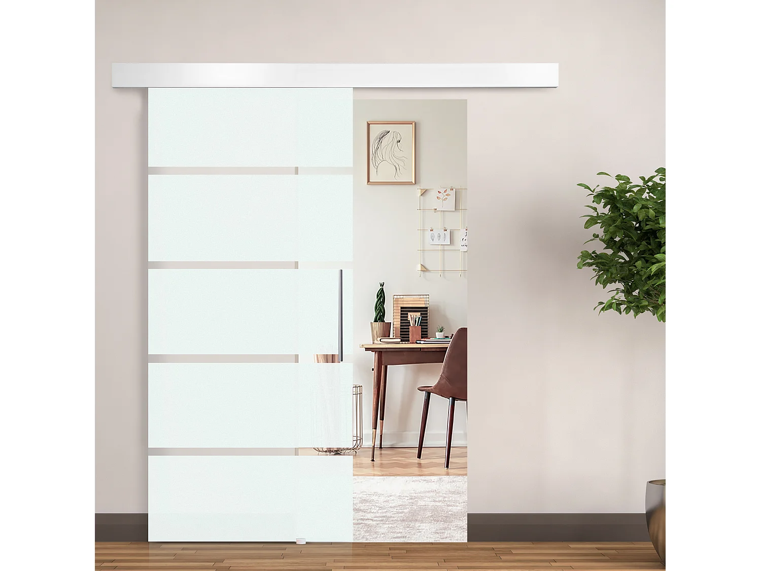 Porta scorrevole con maniglia per casa e ufficio in vetro satinato 8mm