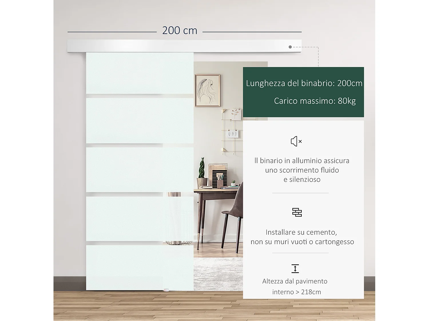 Porta scorrevole con maniglia per casa e ufficio in vetro satinato 8mm