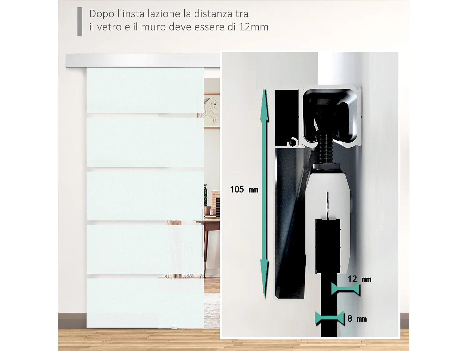 Porta scorrevole con maniglia per casa e ufficio in vetro satinato 8mm