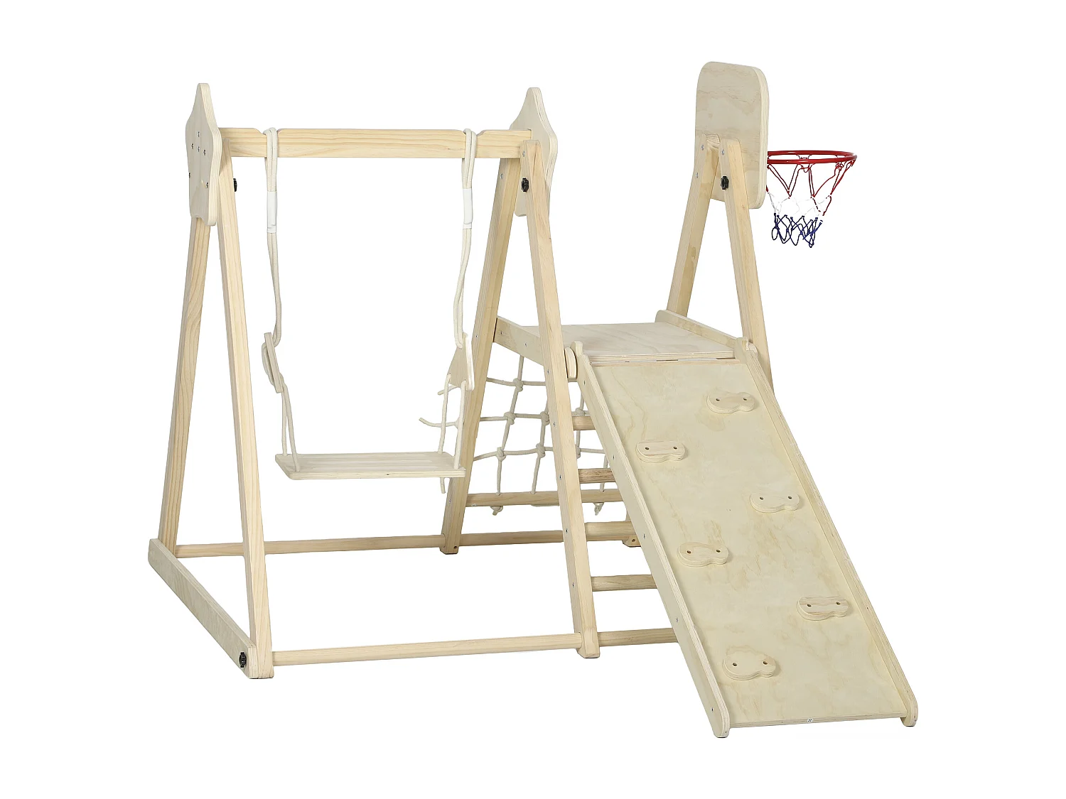 Gioco per bambini con scivolo pareti da arrampicata altalena canestro