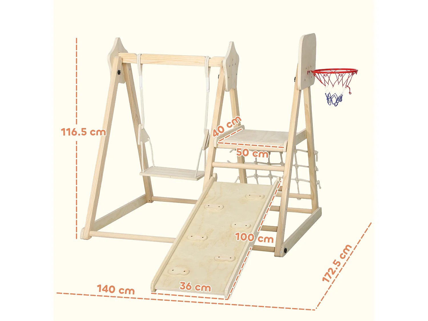 Gioco per bambini con scivolo pareti da arrampicata altalena canestro