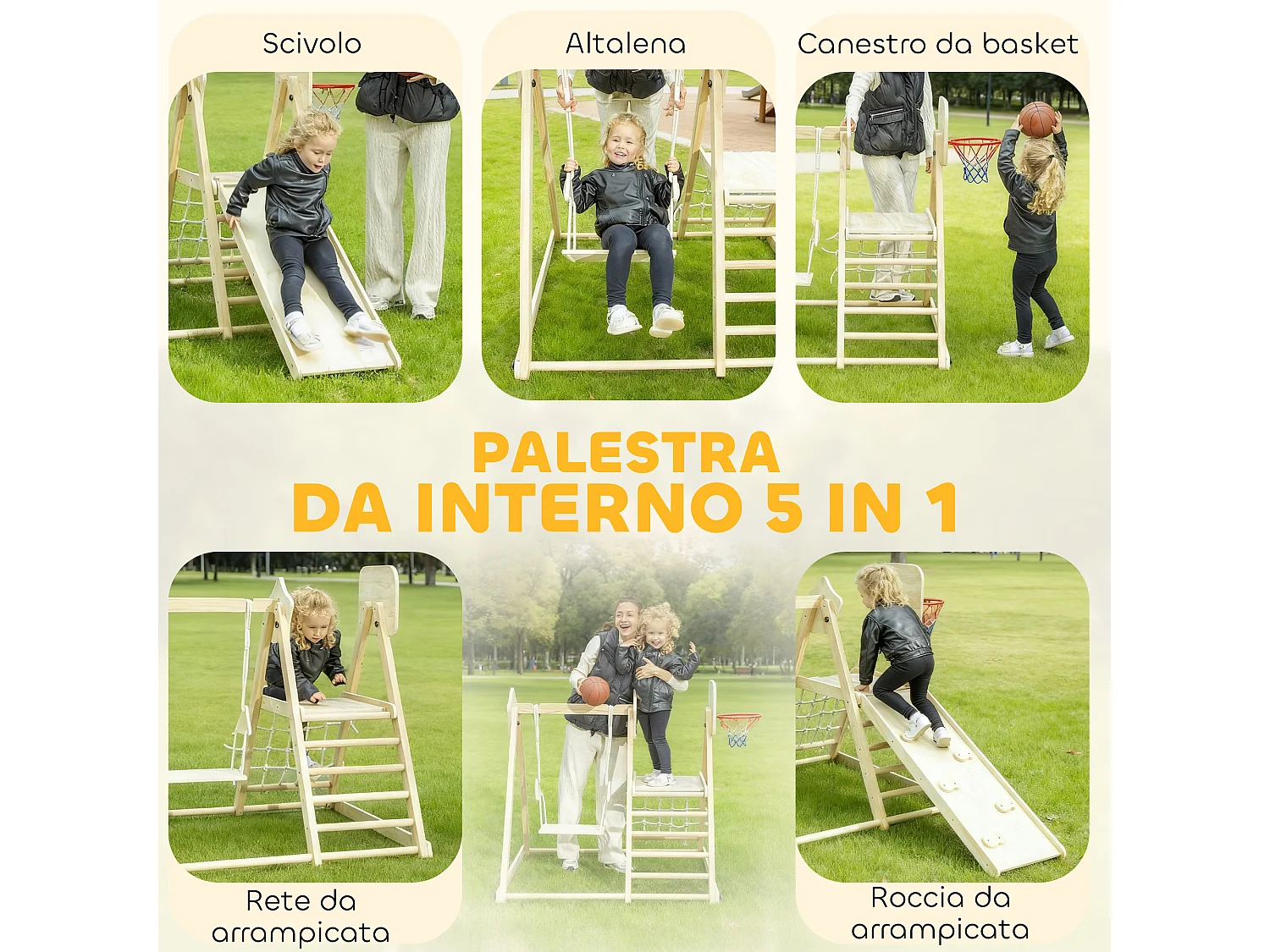 Gioco per bambini con scivolo pareti da arrampicata altalena canestro