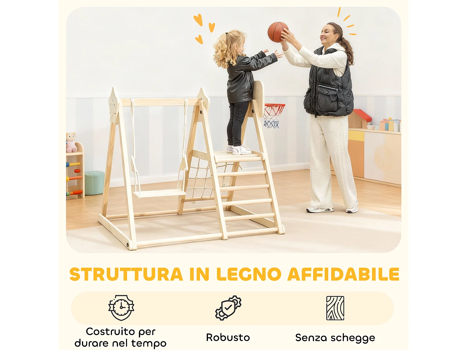 Gioco per bambini con scivolo pareti da arrampicata altalena canestro