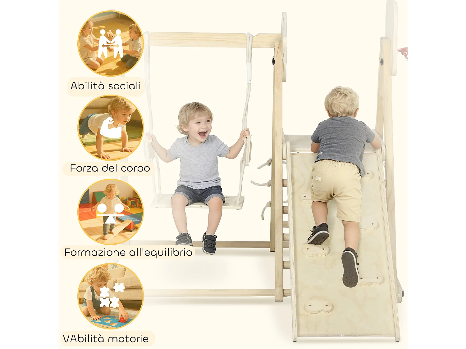 Gioco per bambini con scivolo pareti da arrampicata altalena canestro