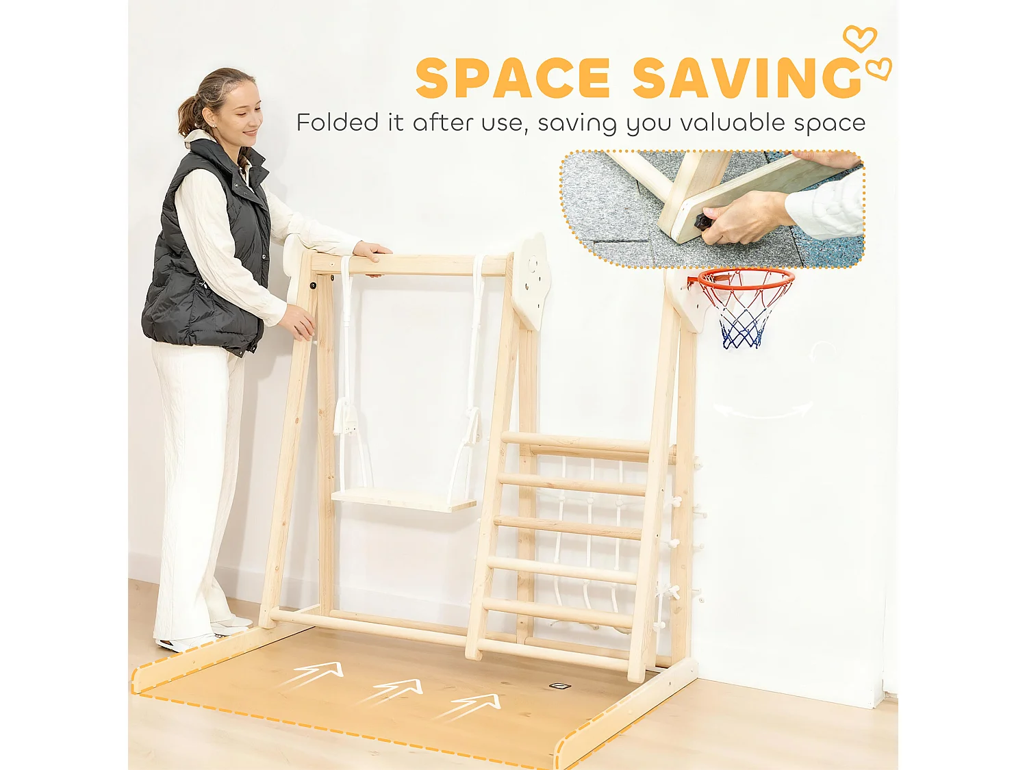 Gioco per bambini con scivolo pareti da arrampicata altalena canestro