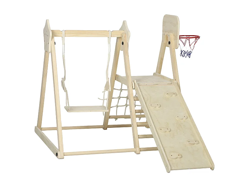 Gioco per bambini con scivolo pareti da arrampicata altalena canestro