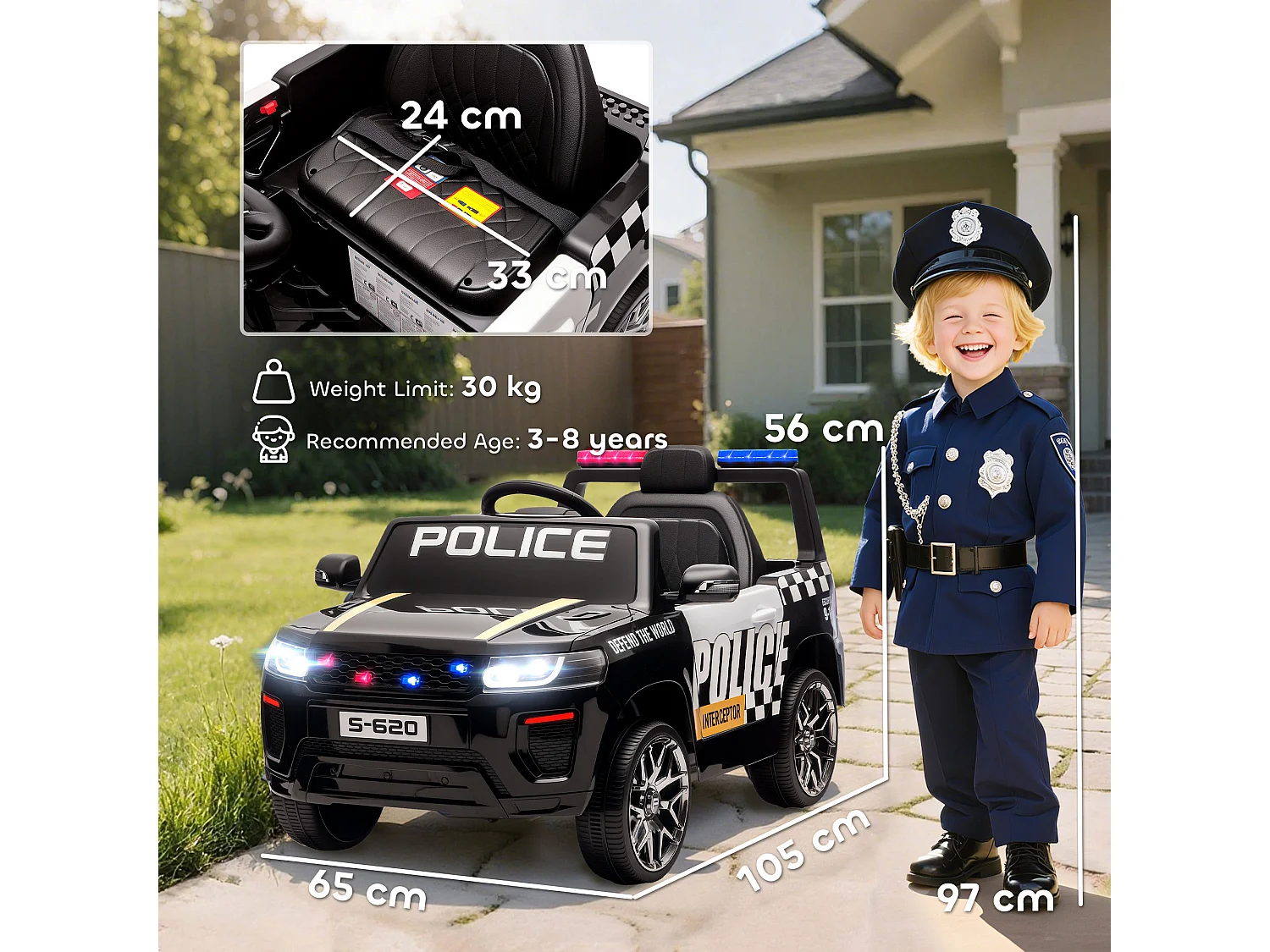 Macchina elettrica per bambini della polizia con sirena e telecomando