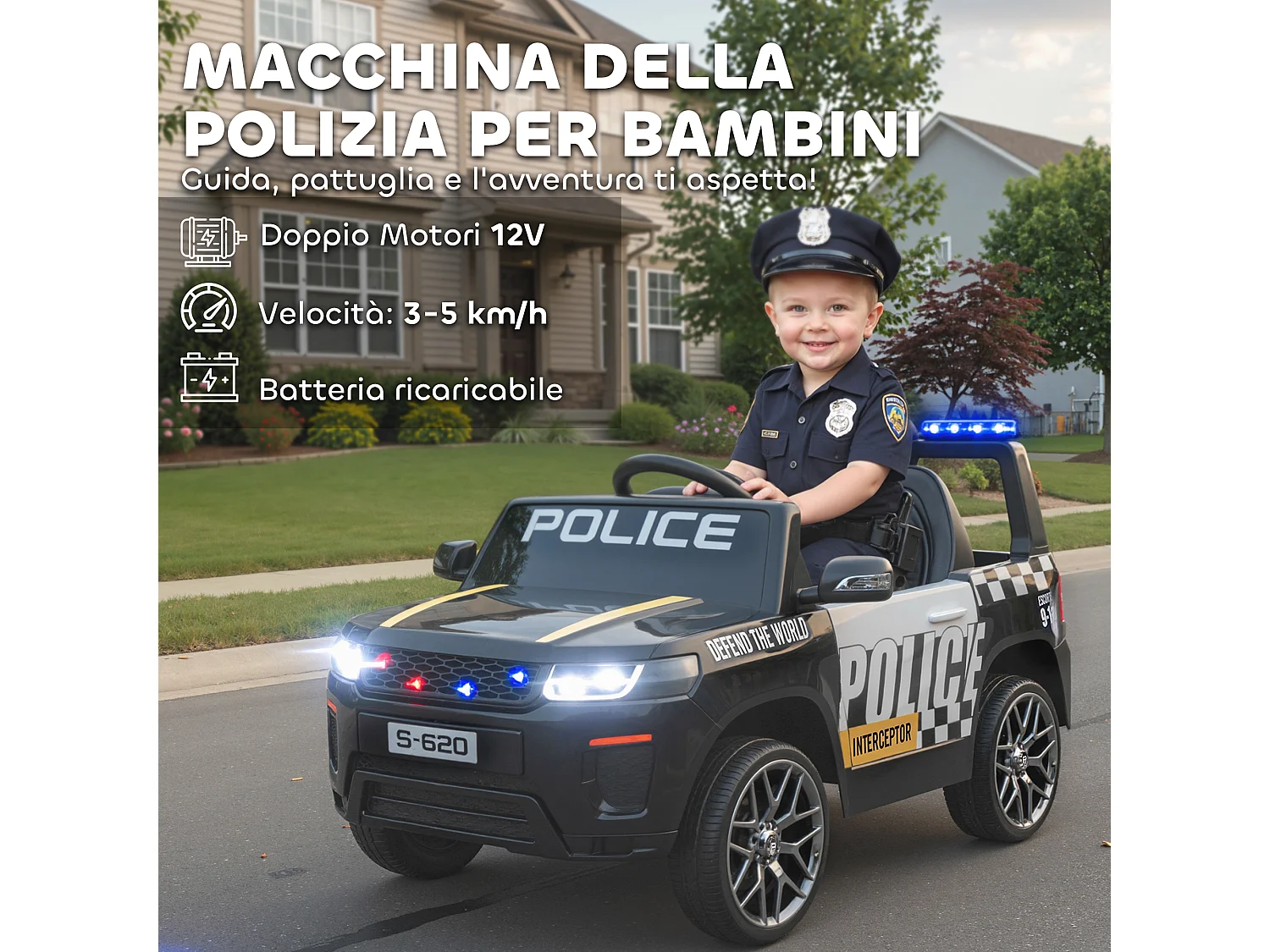 Macchina elettrica per bambini della polizia con sirena e telecomando