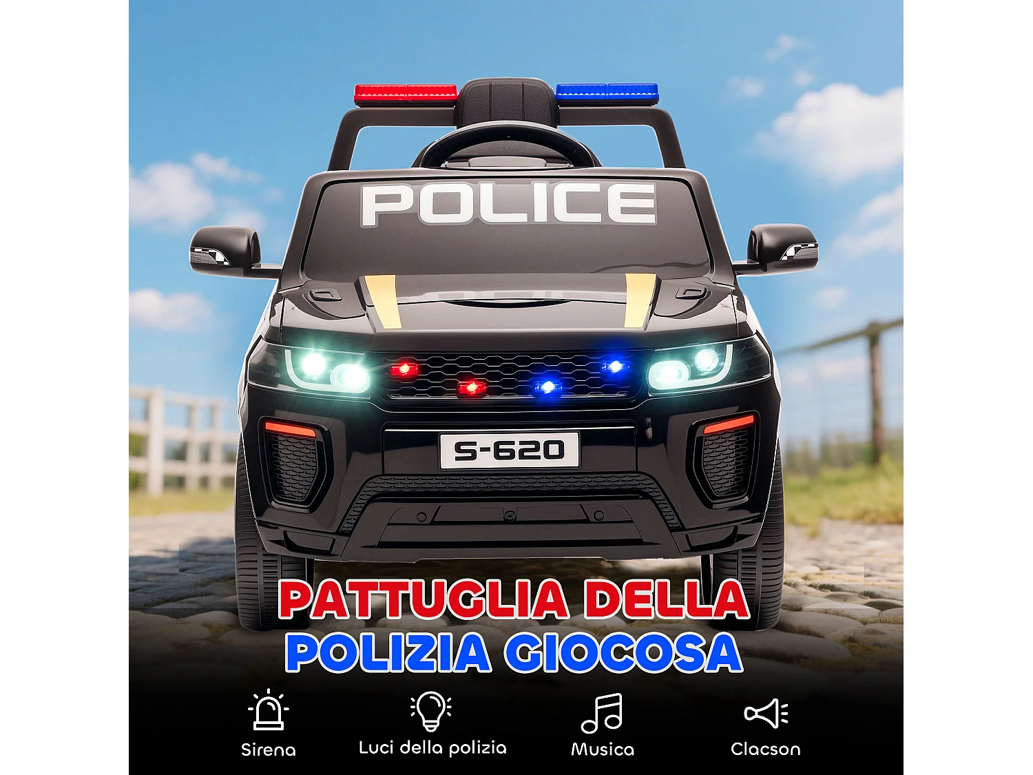 Macchina elettrica per bambini della polizia con sirena e telecomando