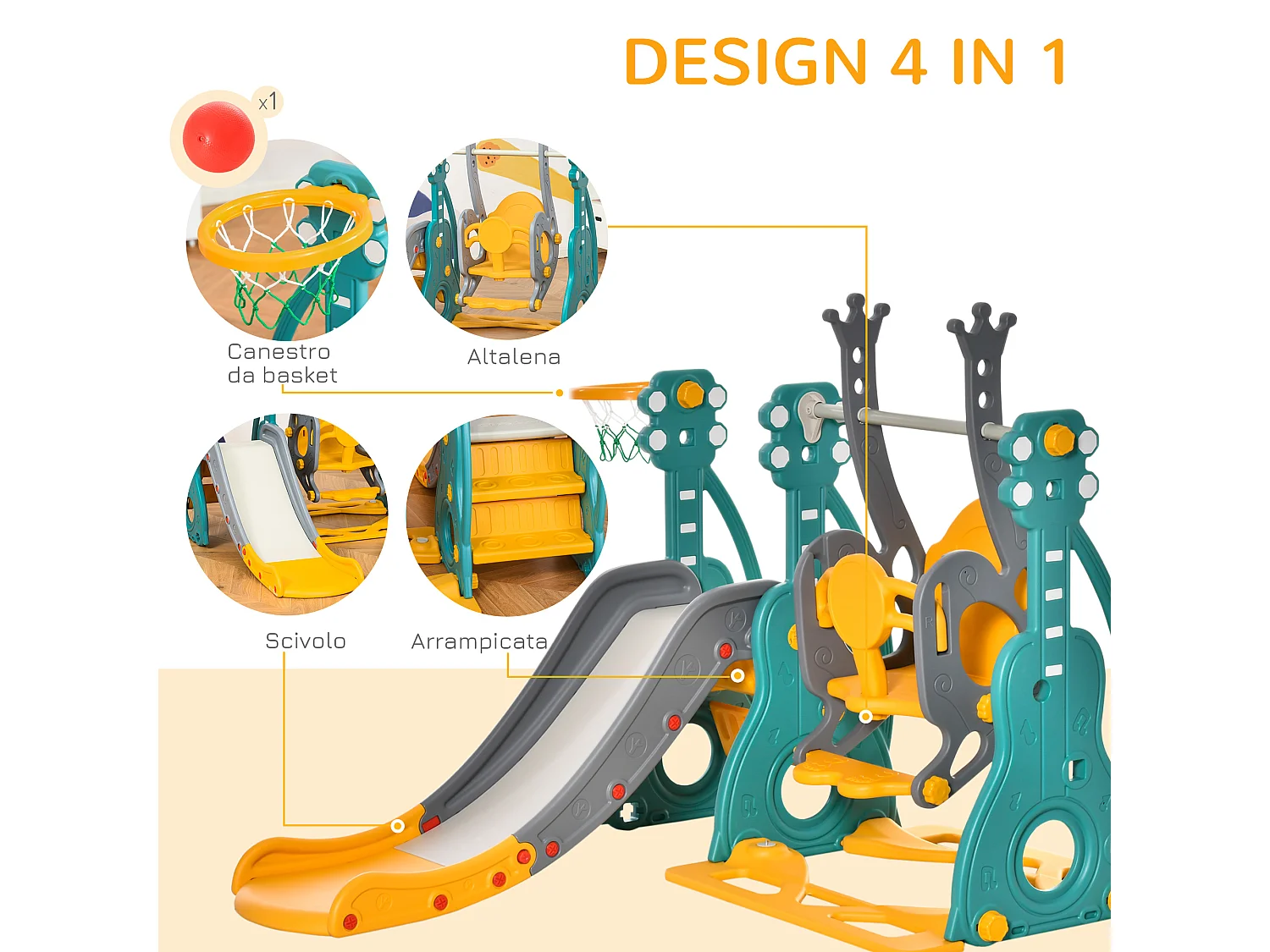 Scivolo per bambini altalena canestro multicolore 152x149x107cm