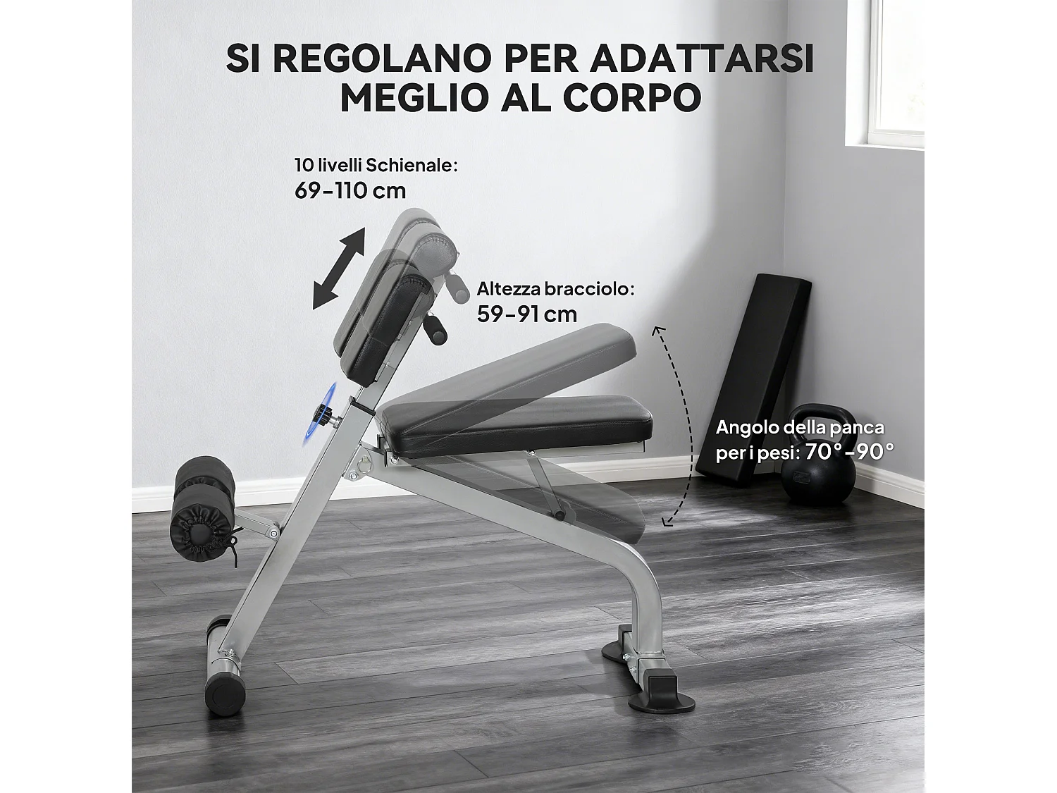 Panca romana regolabile e pieghevole capacità 150kg argento