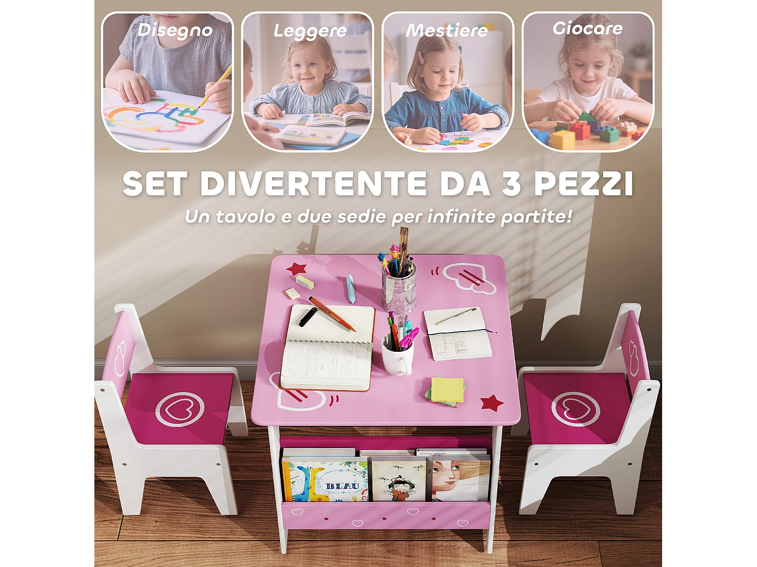 Set tavolo e 2 sedie per bambini da 3-8 anni in legno rosa