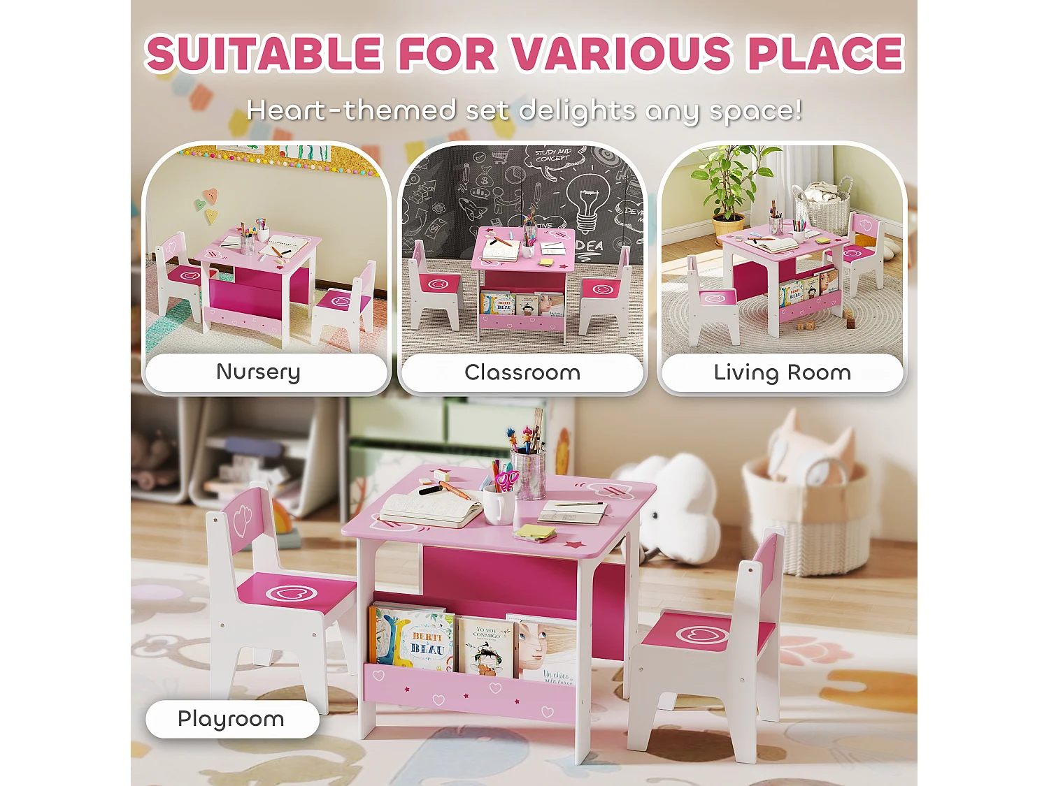 Set tavolo e 2 sedie per bambini da 3-8 anni in legno rosa