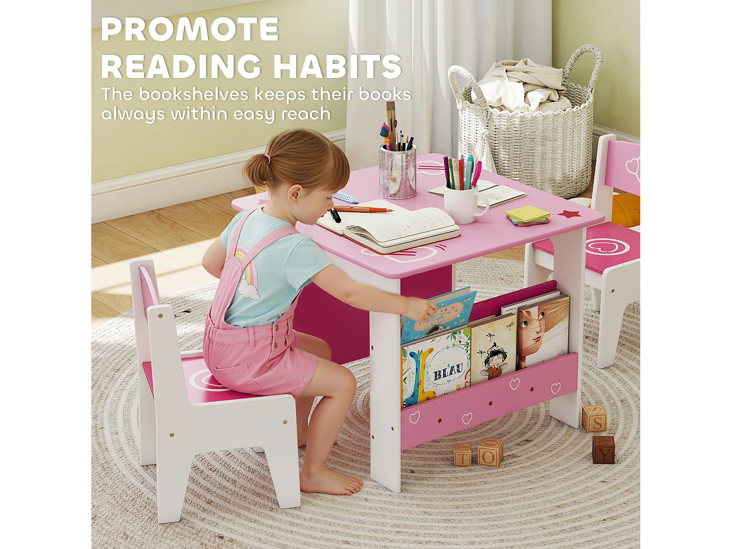 Set tavolo e 2 sedie per bambini da 3-8 anni in legno rosa