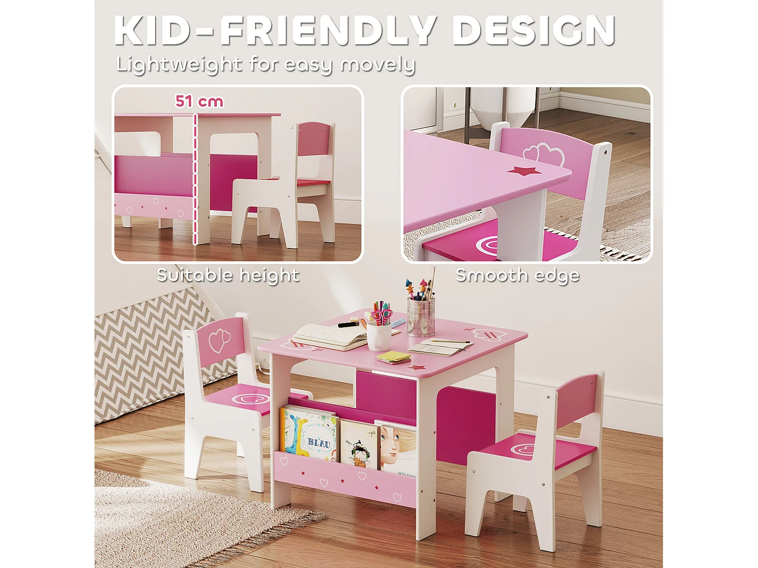 Set tavolo e 2 sedie per bambini da 3-8 anni in legno rosa